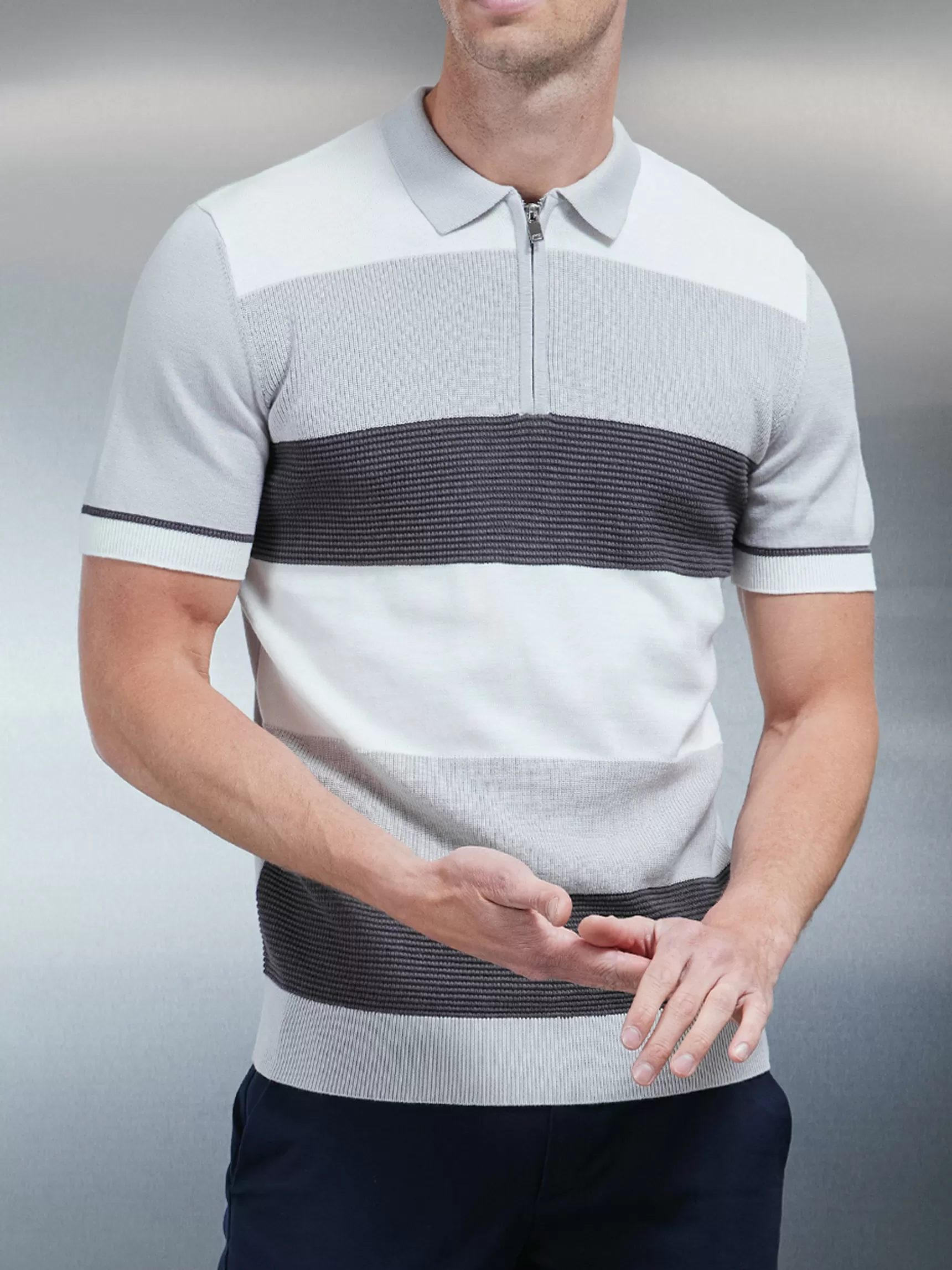 Sale ARNE Colour Block Knitted Zip Polo Shirt - Grey