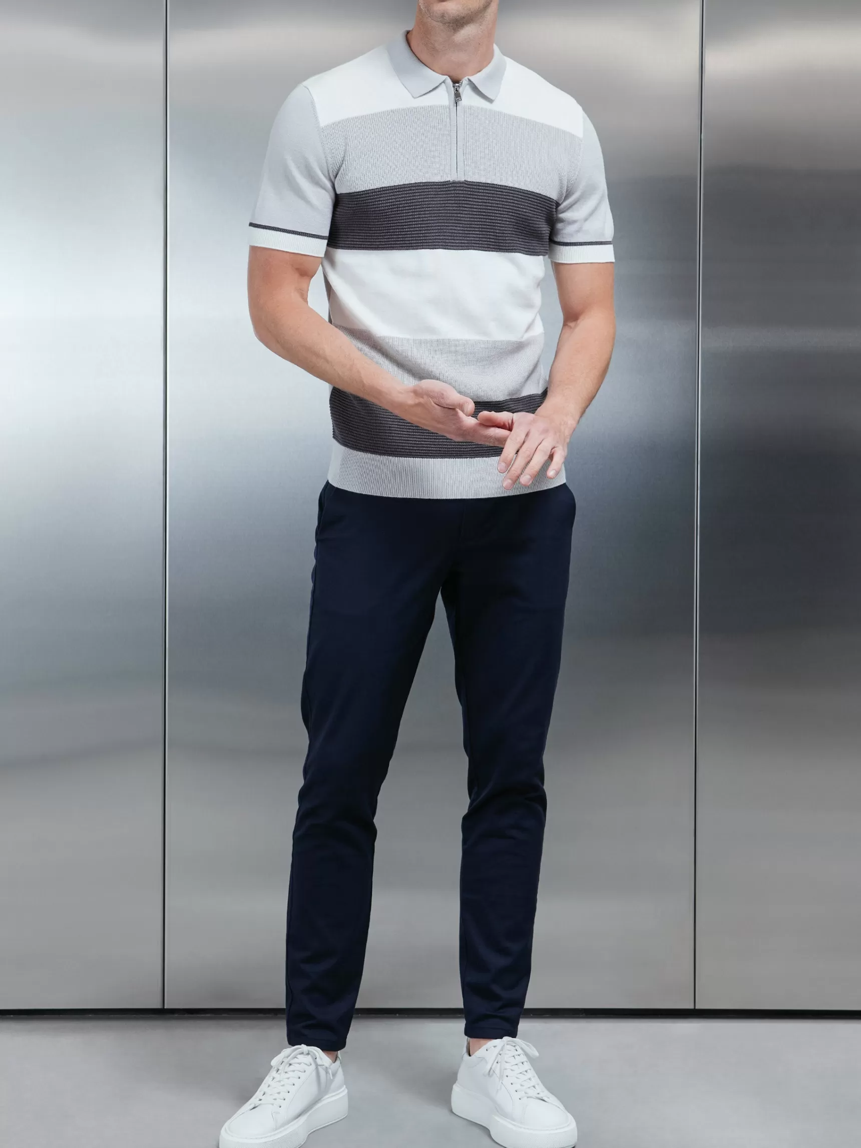 Sale ARNE Colour Block Knitted Zip Polo Shirt - Grey