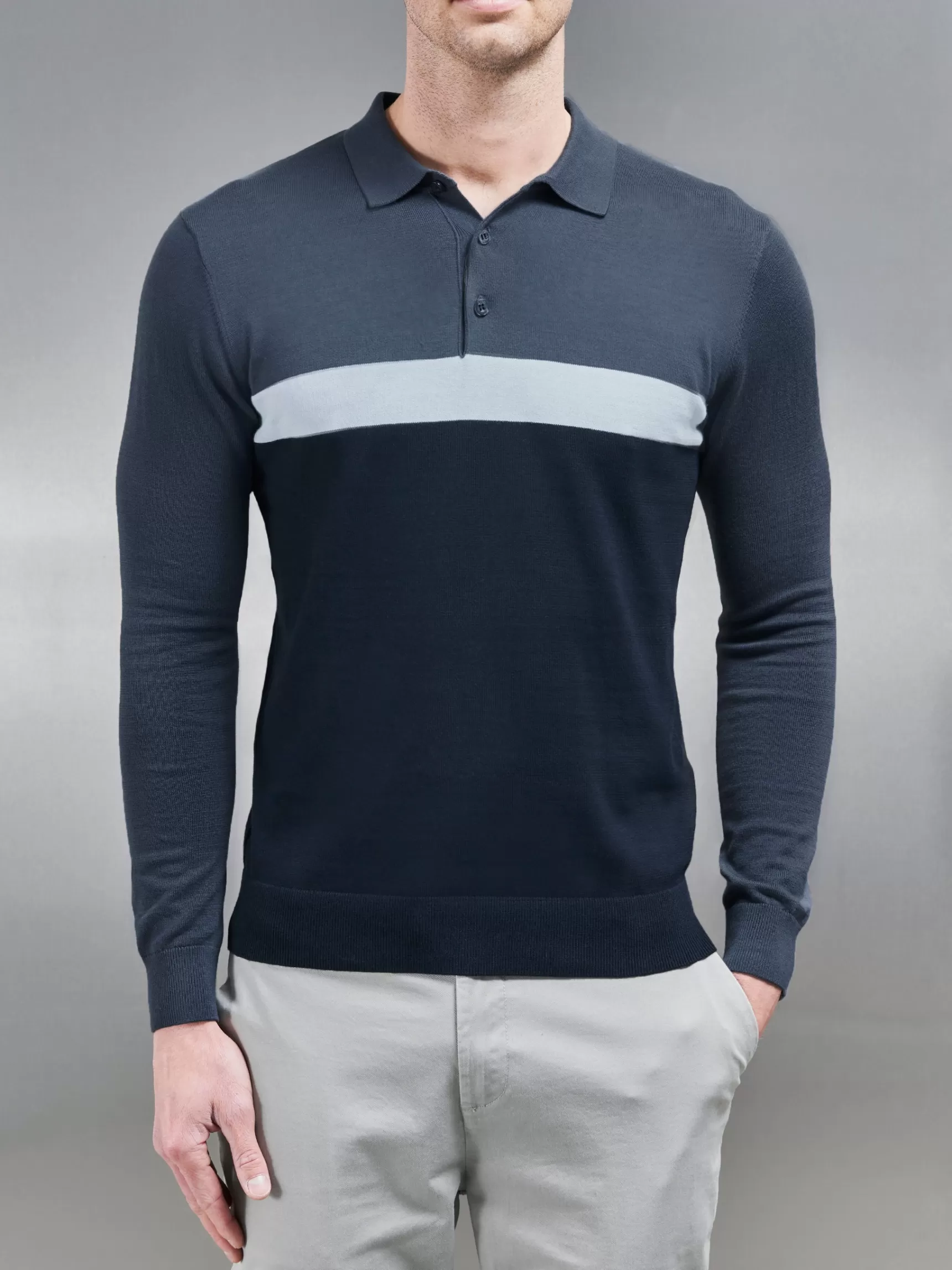 Discount ARNE Cotton Knitted Colour Block Polo Shirt - Navy