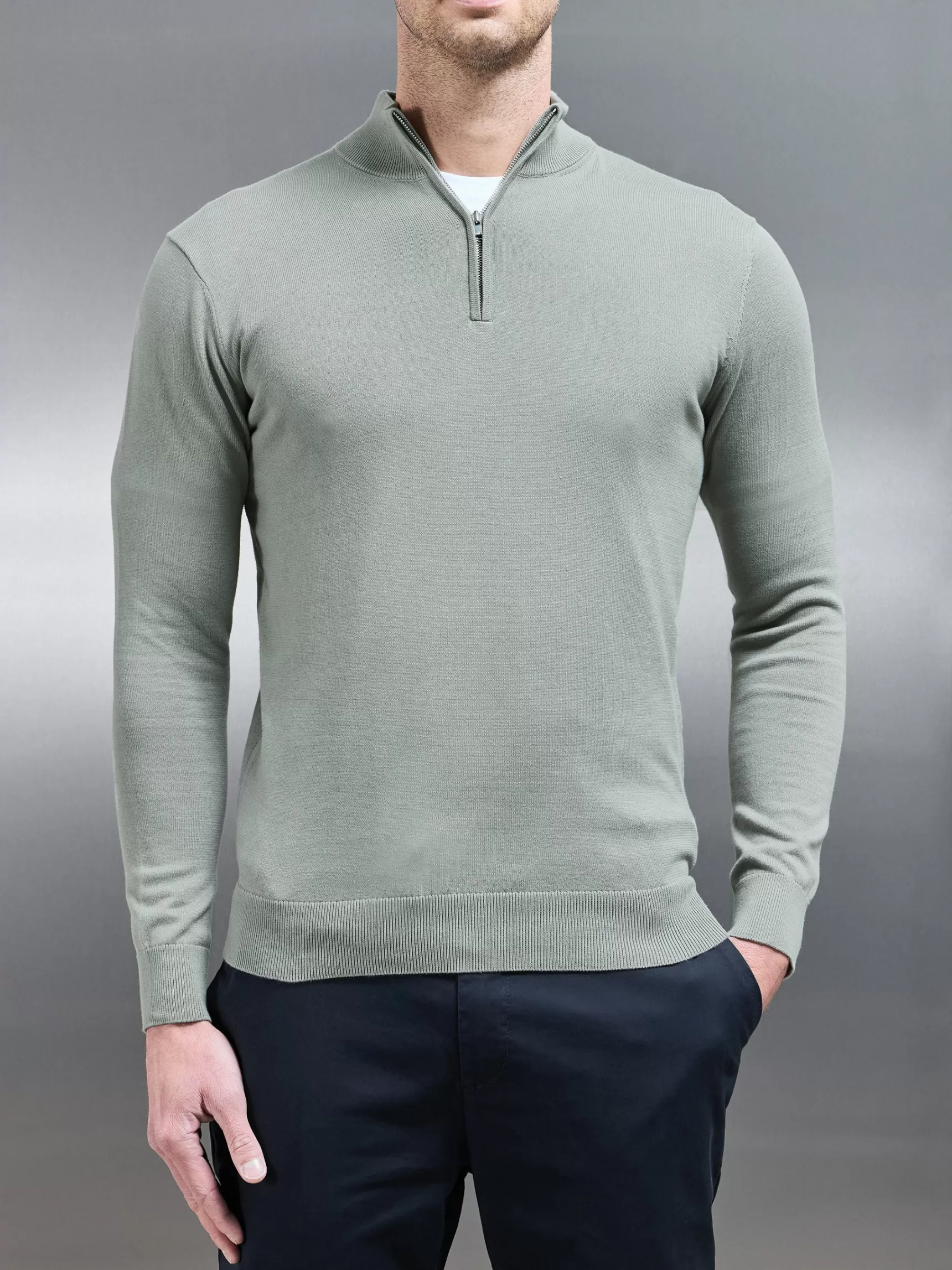 Best ARNE Cotton Knitted Half Zip Funnel Neck Jumper - Light Sage LightSage