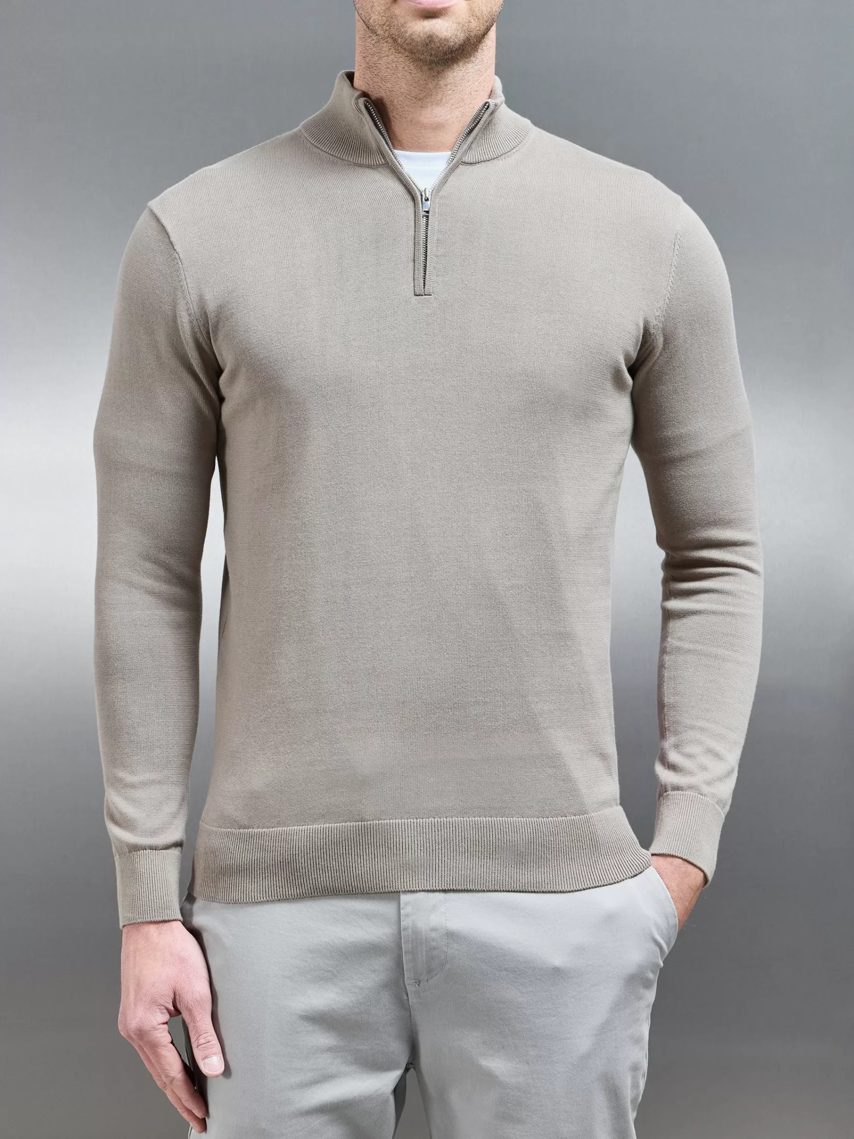 Best ARNE Cotton Knitted Half Zip Funnel Neck Jumper - Taupe