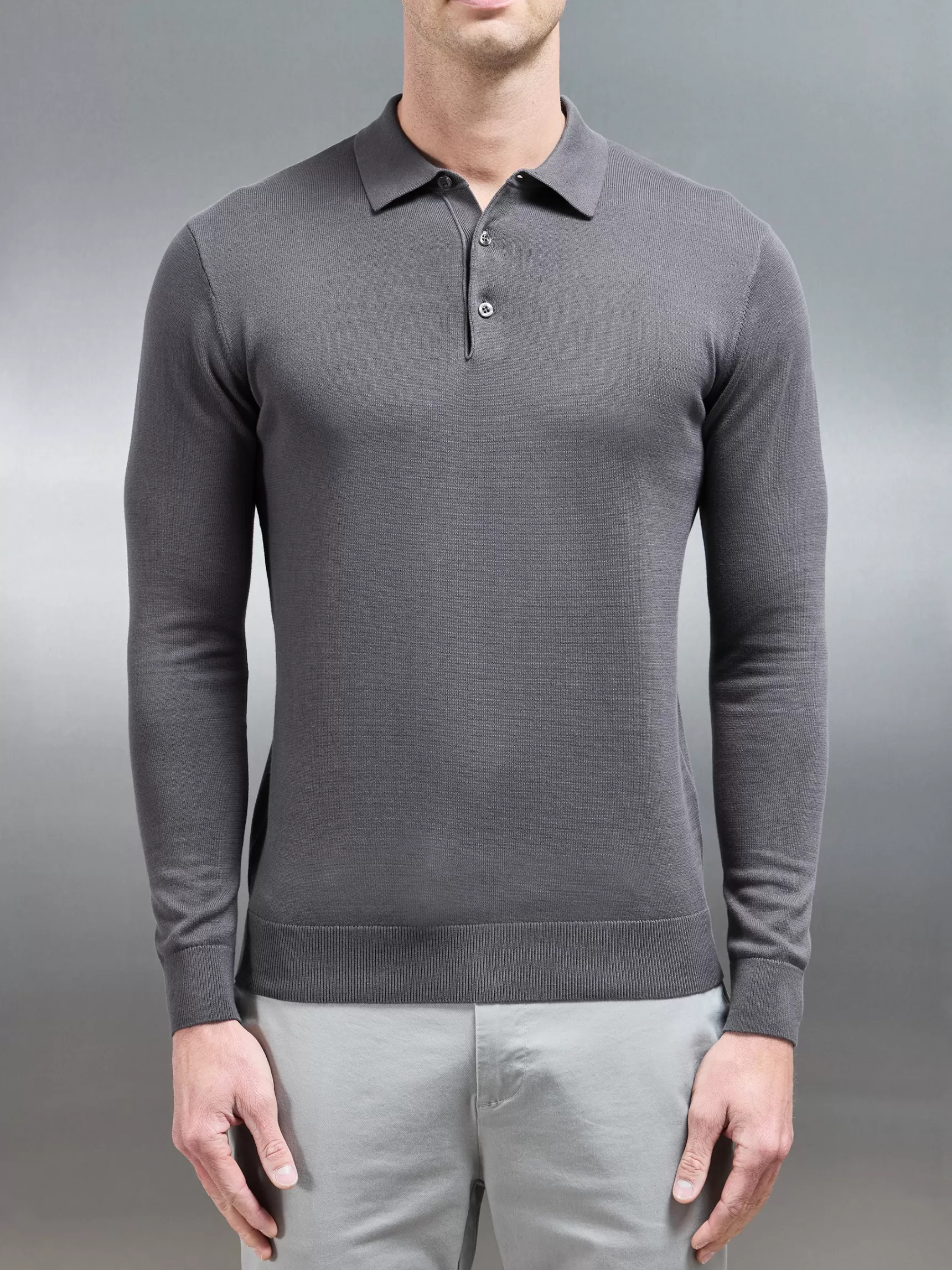 Outlet ARNE Cotton Knitted Long Sleeve Button Polo Shirt - Grey