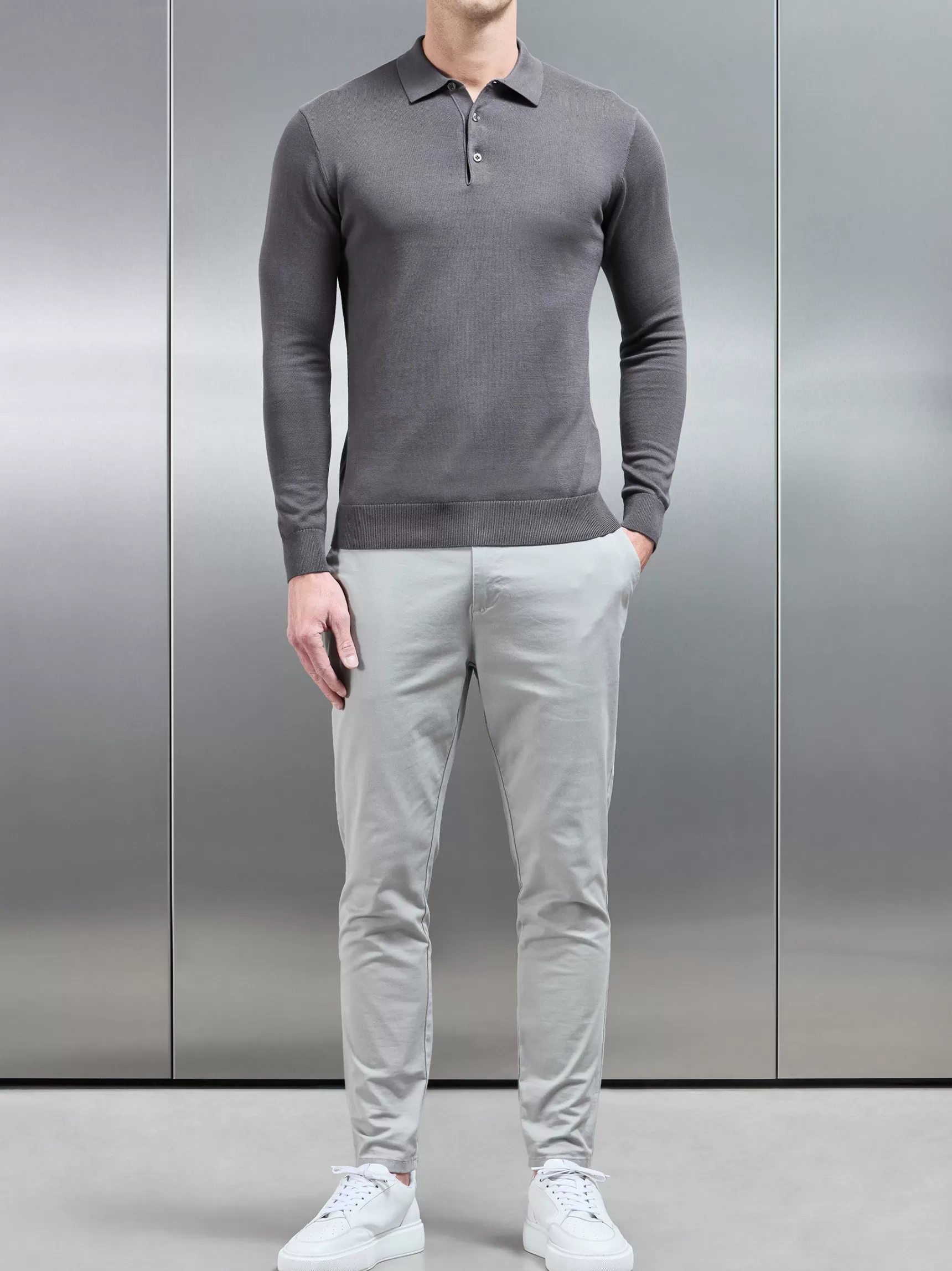 Outlet ARNE Cotton Knitted Long Sleeve Button Polo Shirt - Grey
