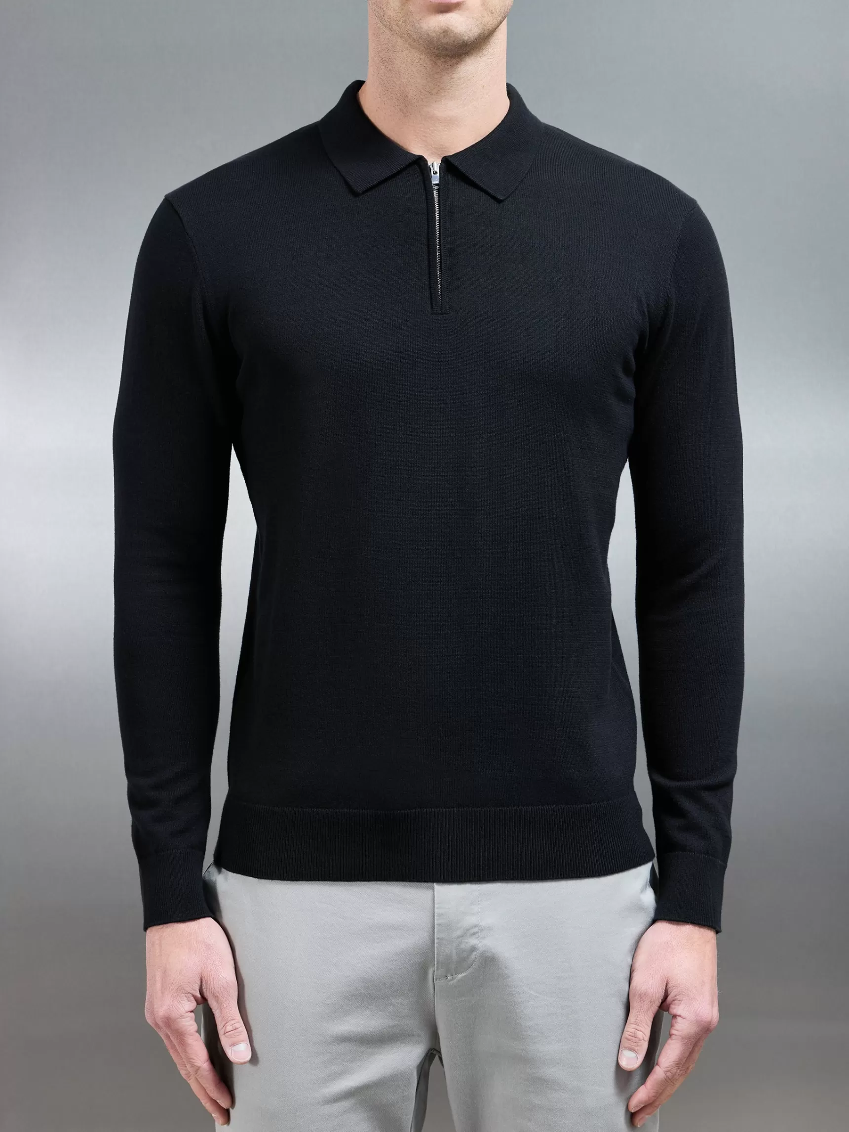 Store ARNE Cotton Knitted Long Sleeve Half Zip Polo Shirt - Black