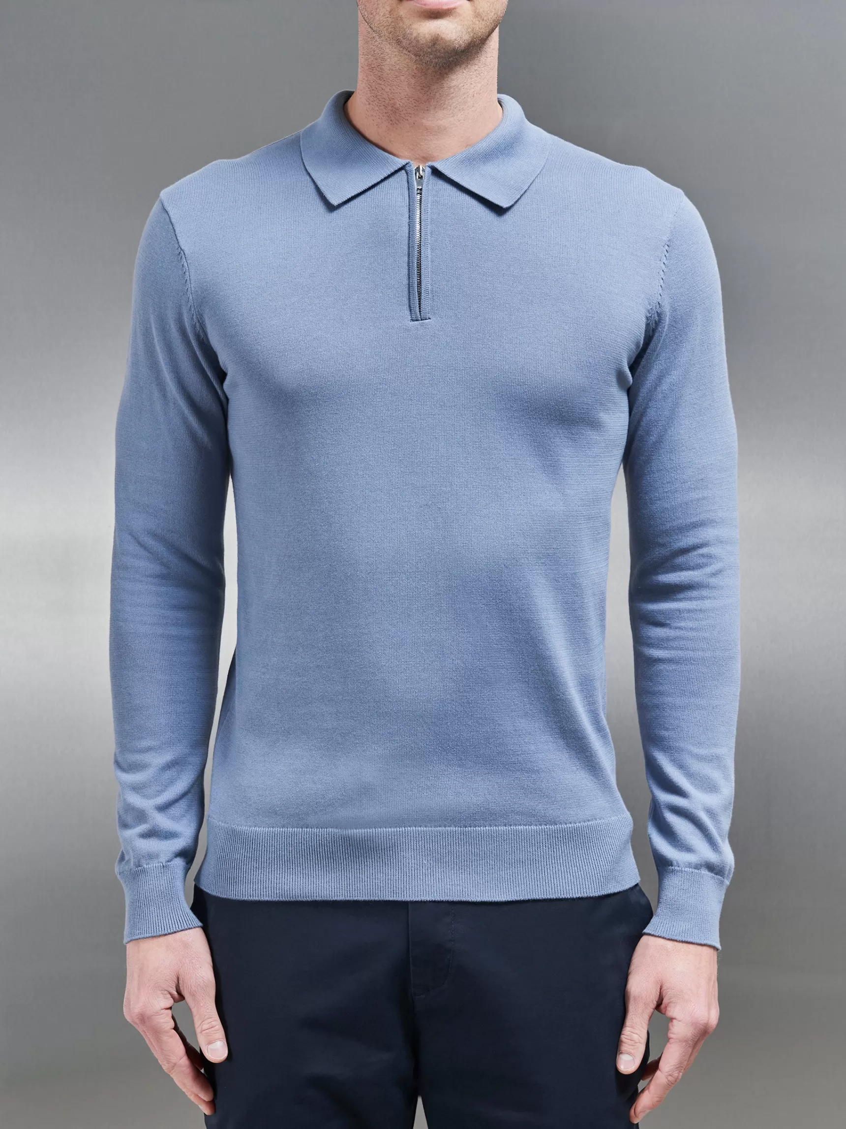 Shop ARNE Cotton Knitted Long Sleeve Half Zip Polo Shirt - Silk Blue SilkBlue