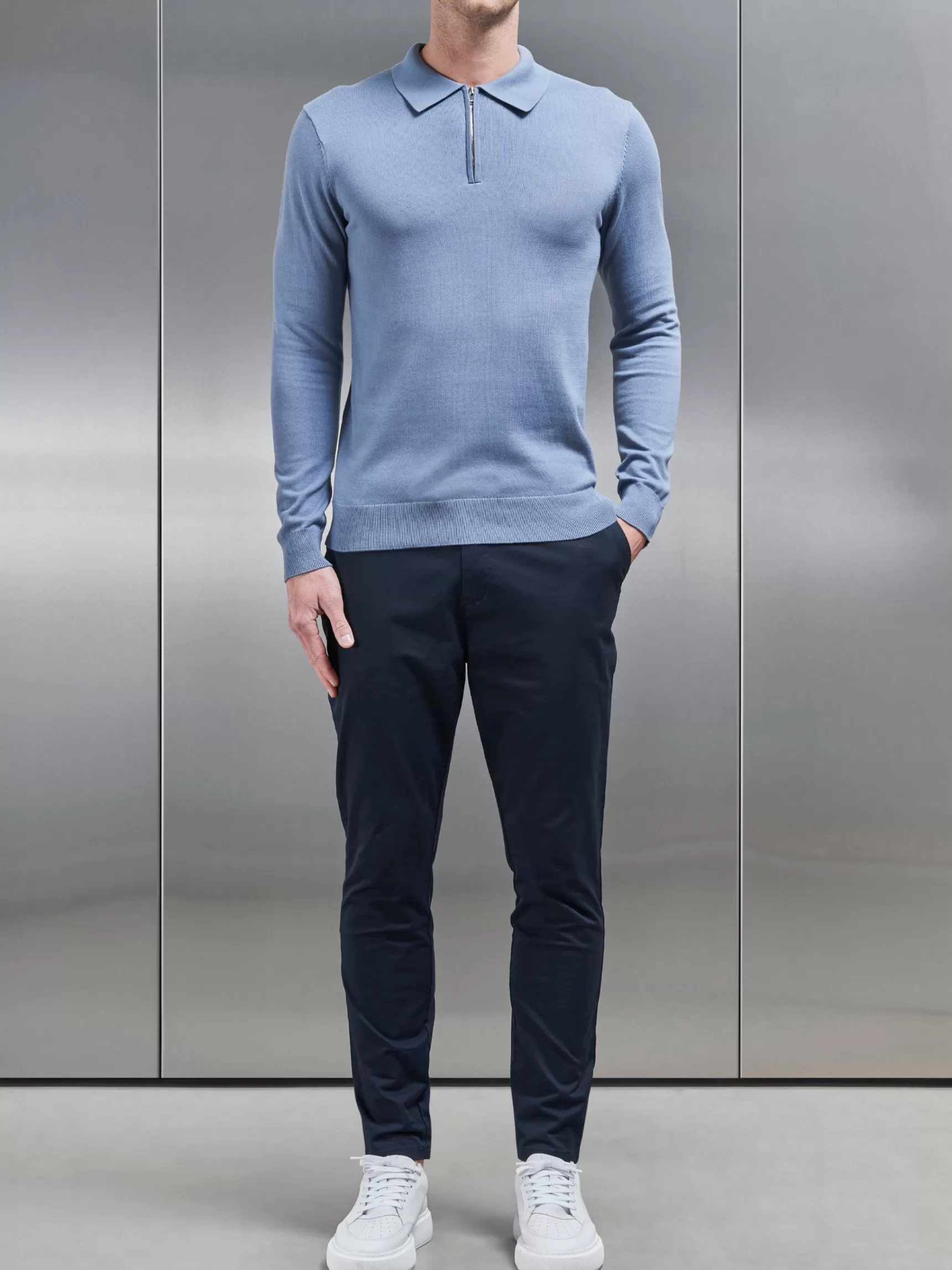 Shop ARNE Cotton Knitted Long Sleeve Half Zip Polo Shirt - Silk Blue SilkBlue