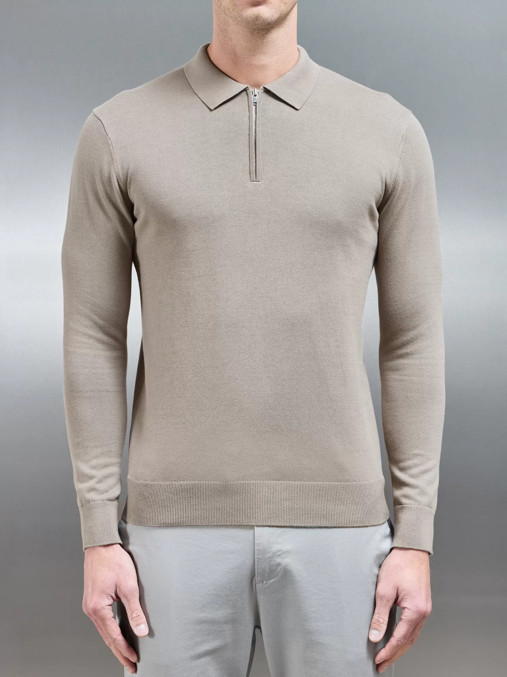 Shop ARNE Cotton Knitted Long Sleeve Half Zip Polo Shirt - Taupe