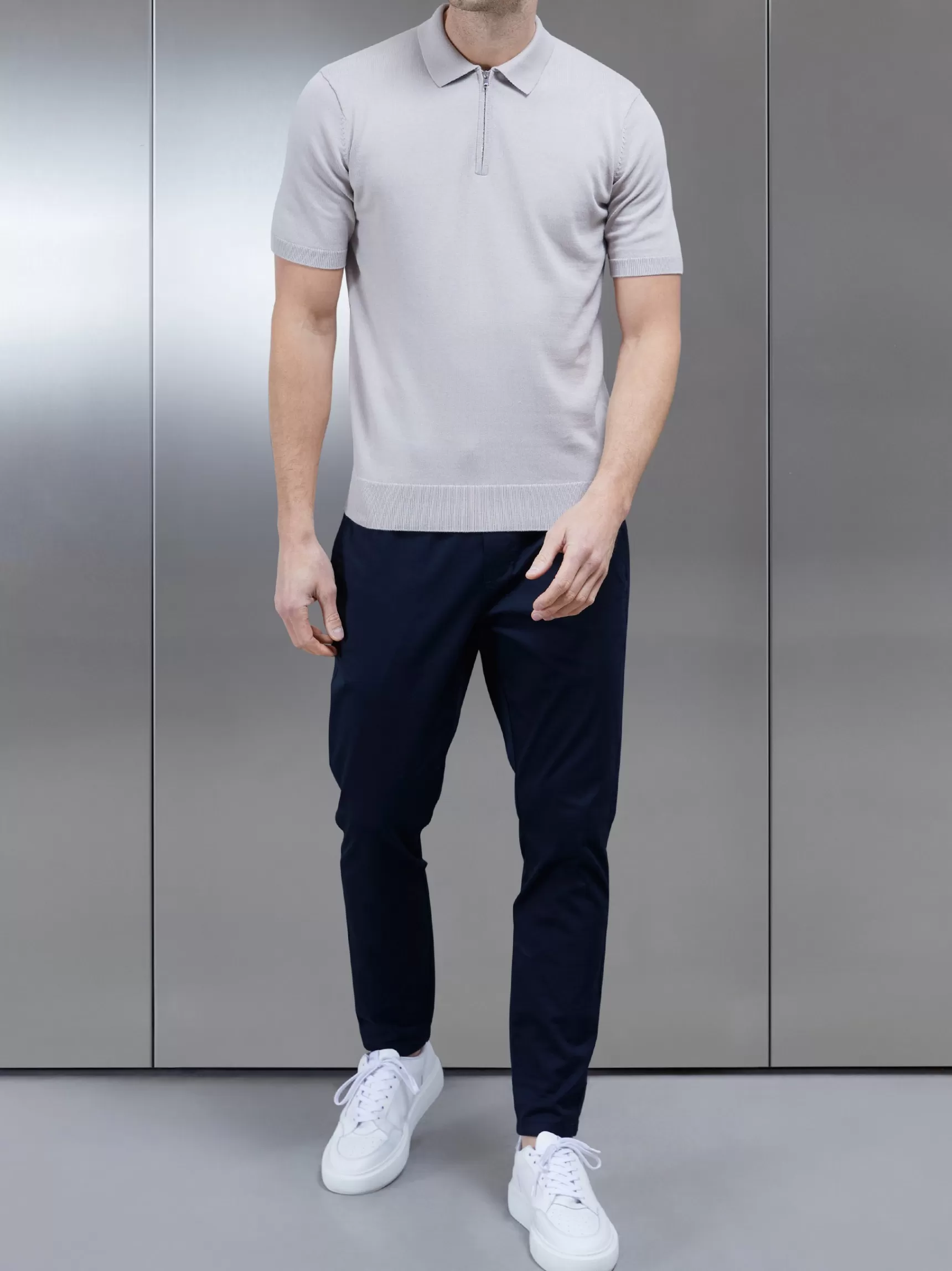 Shop ARNE Cotton Knitted Zip Polo Shirt - Stone