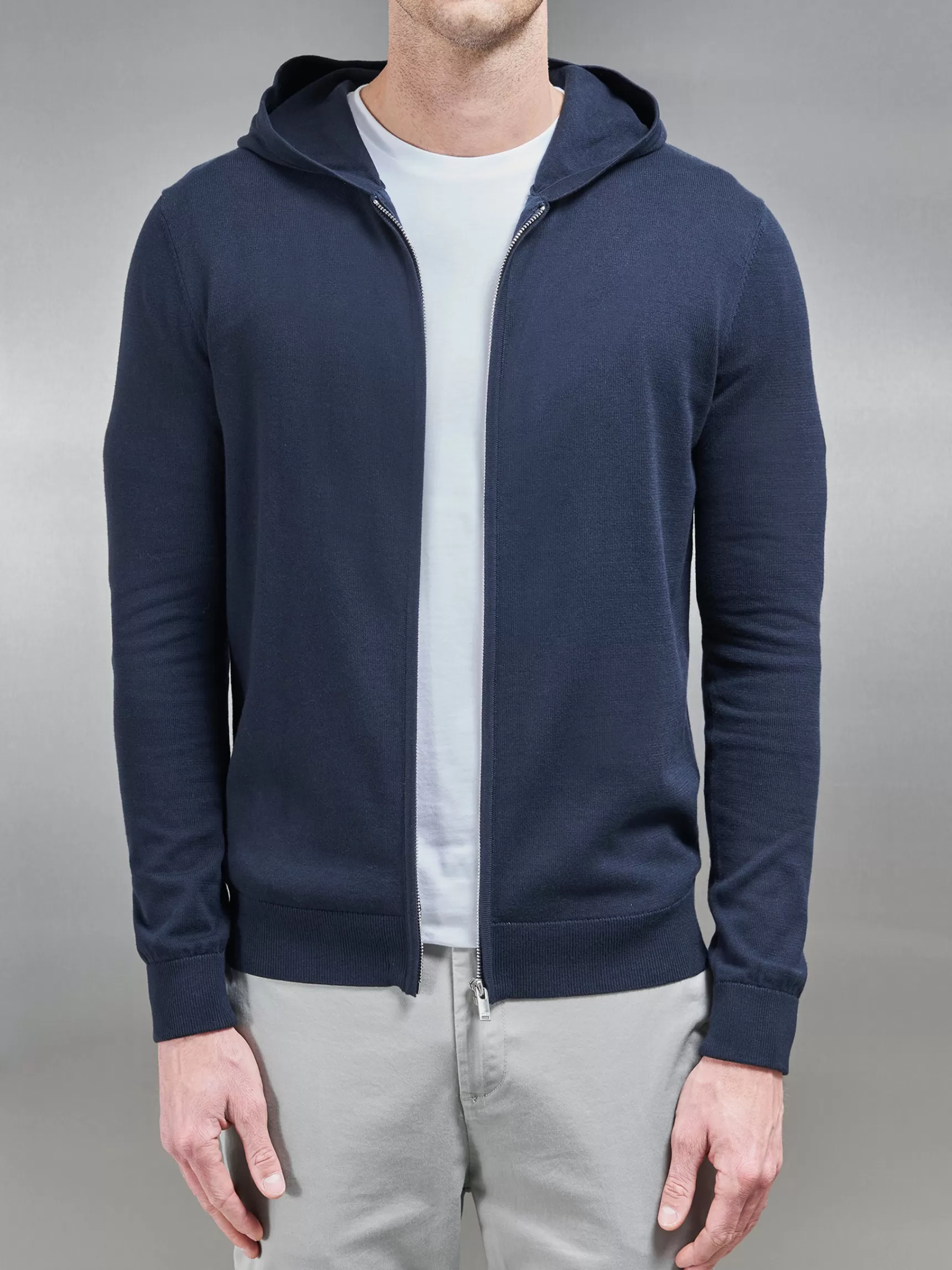 Discount ARNE Cotton Knitted Zip Through Hoodie - Navy