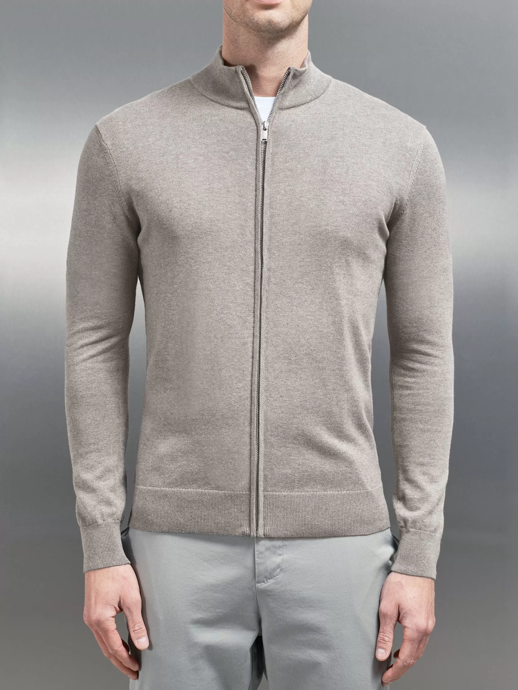 Outlet ARNE Cotton Knitted Zip Through Jacket - Taupe Marl TaupeMarl