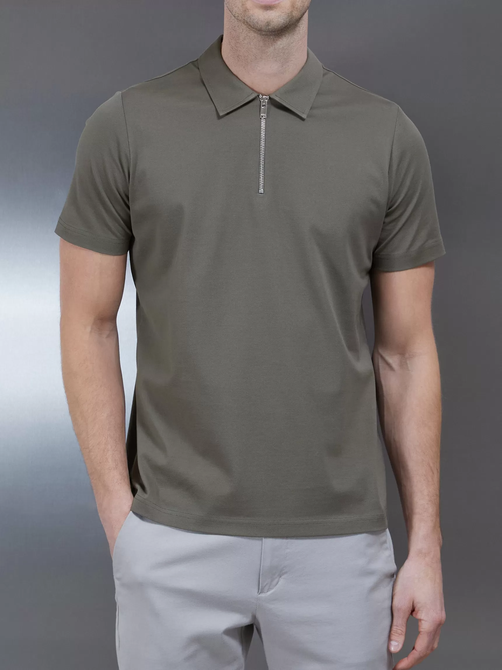 Shop ARNE Mercerised Pique Zip Polo Shirt - Sage