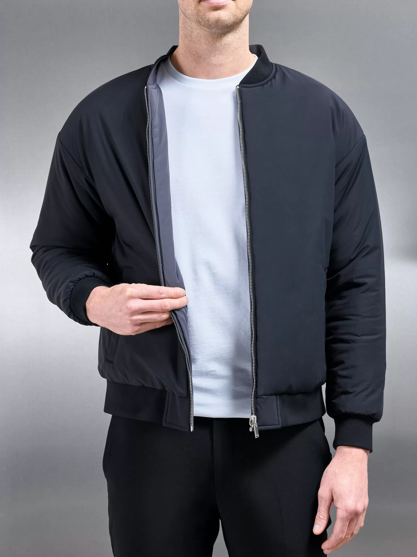 Outlet ARNE Relaxed Padded Reversible Bomber Jacket - Black Grey BlackGrey