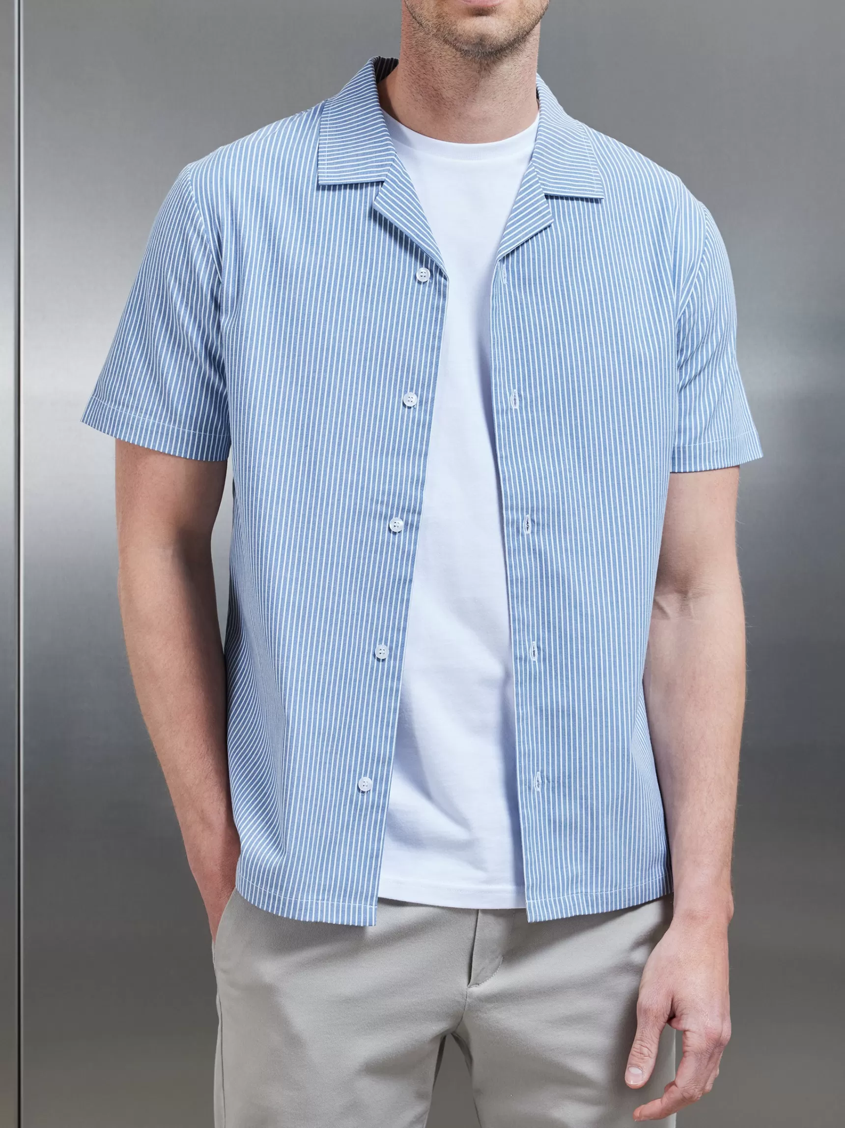 New ARNE Stripe Short Sleeve Revere Collar Shirt - Blue